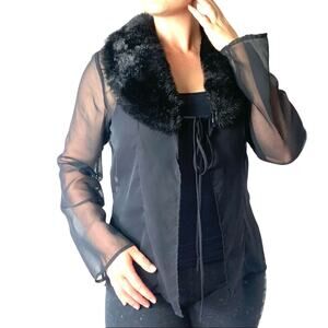 Y2K Faux Fur Collar Sheer Chiffon Tie Front Blouse Size Large